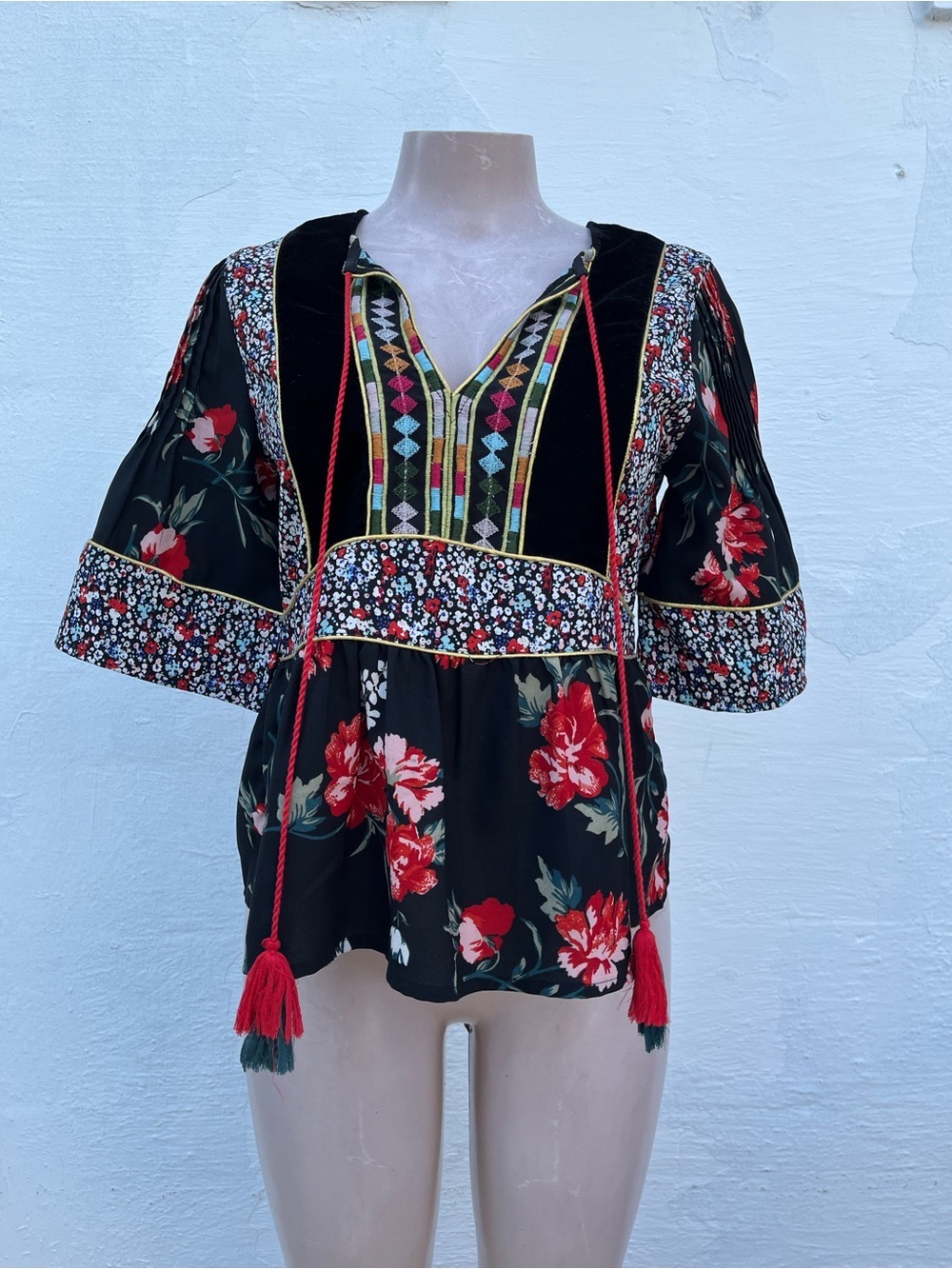 Banjara Black Floral Embroidered Boho Blouse with Red Tassels